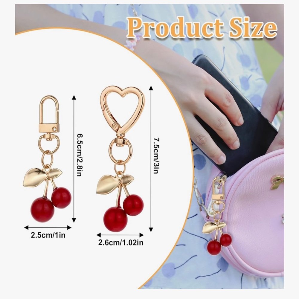 🆕 Cherry Bag Charm 2 Pcs Women Cherry Charm for Purse,Heart Keyring - Picture 4 of 6